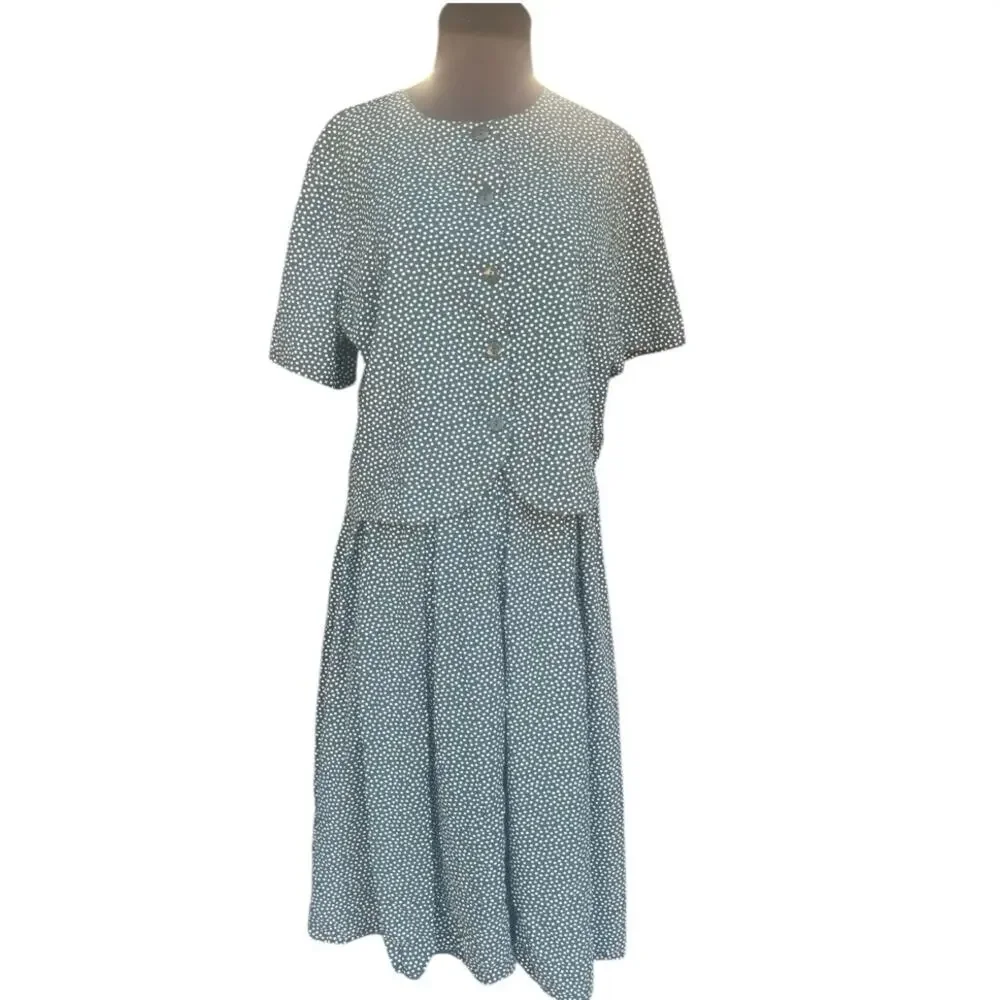 Vtg 90s Green Polka Dot Blouse Matching Midi Skirt Coord Set M  Femme Tradwife